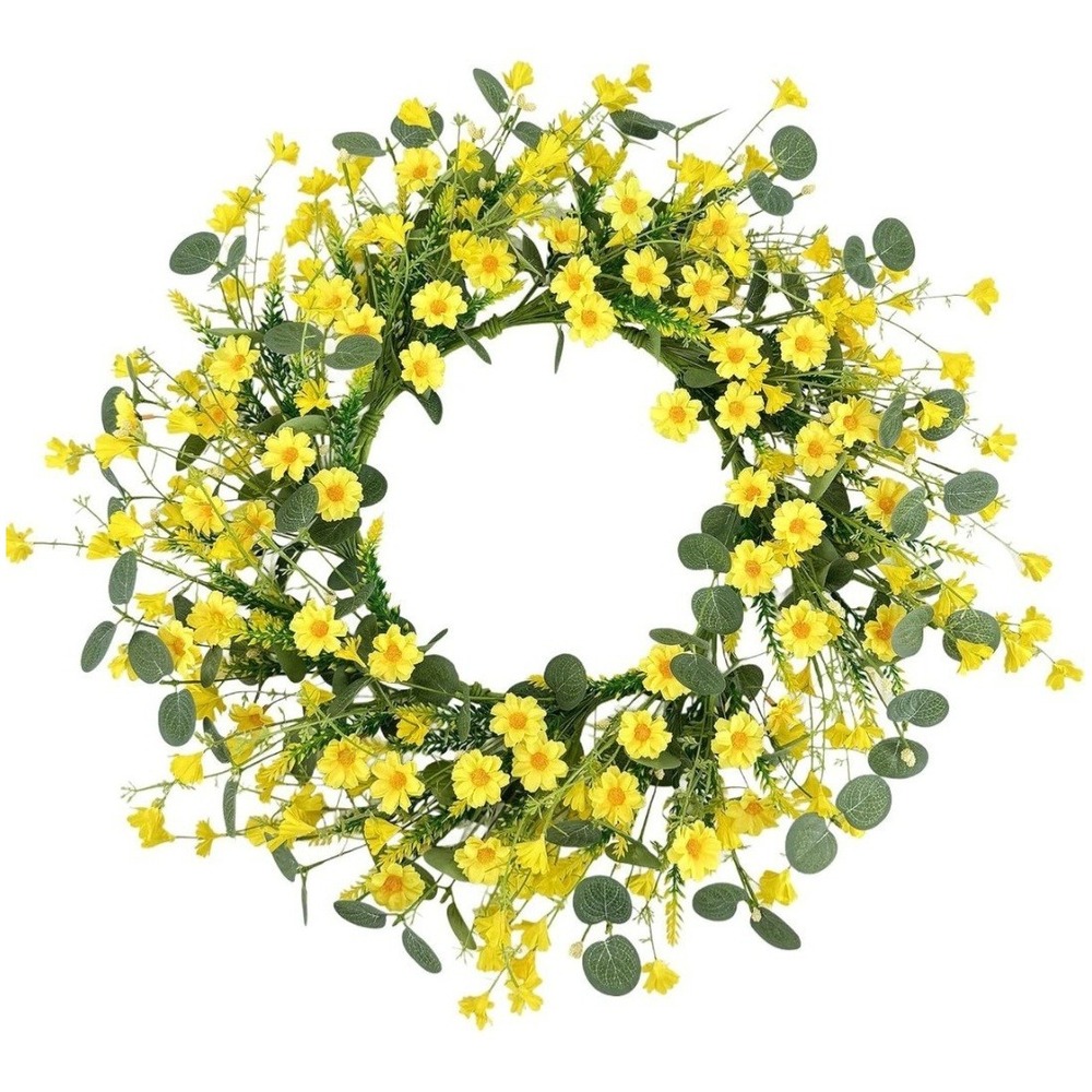 22" Daisy Eucalyptus Wreath for Front Door, Artificial Spring Summer Floral W...